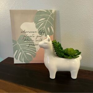 Llama Ceramic Succulent Planter & “Bloom with Grace” Wall Art 6.5x8.5 Set